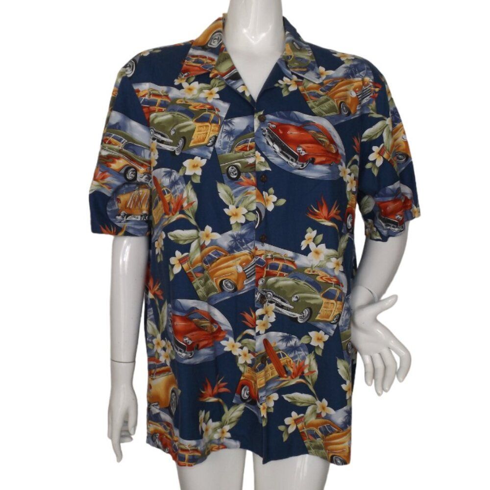 RJC Hawaiian Shirt, XL, Woody Cars/Floral Print, Buttons, Short sleeves, Blue